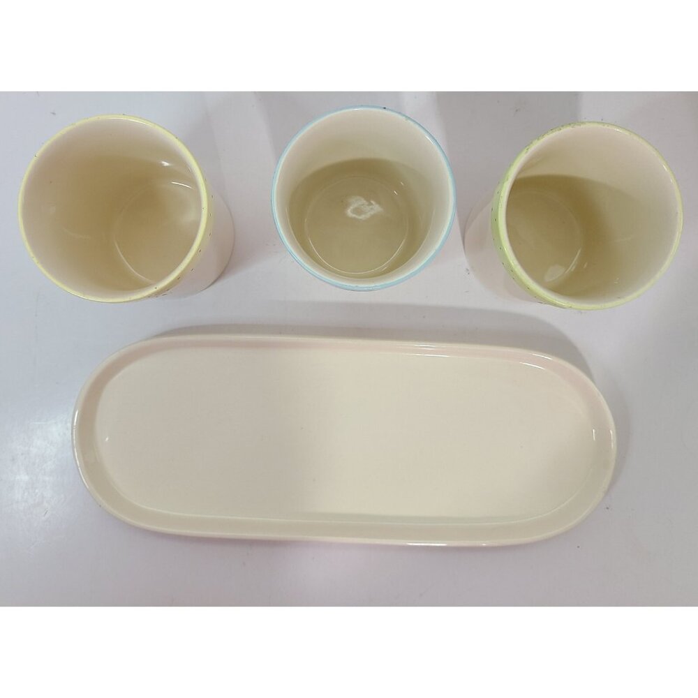 Rae Dunn 4pc Polka Dot Fork Knife Spoon Utensil Jars & Platter Blue Green Yellow - Picture 7 of 15